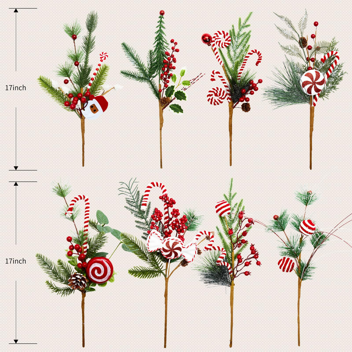 Egolot 8 PCS 17 Inch Christmas Candy Cane Picks for Christmas Tree Wreath DIY, Xmas Green Pine Picks with Red Berries Balls and Candy for Indoor Outdoor, Xmas Picks Bundle for Centerpieces