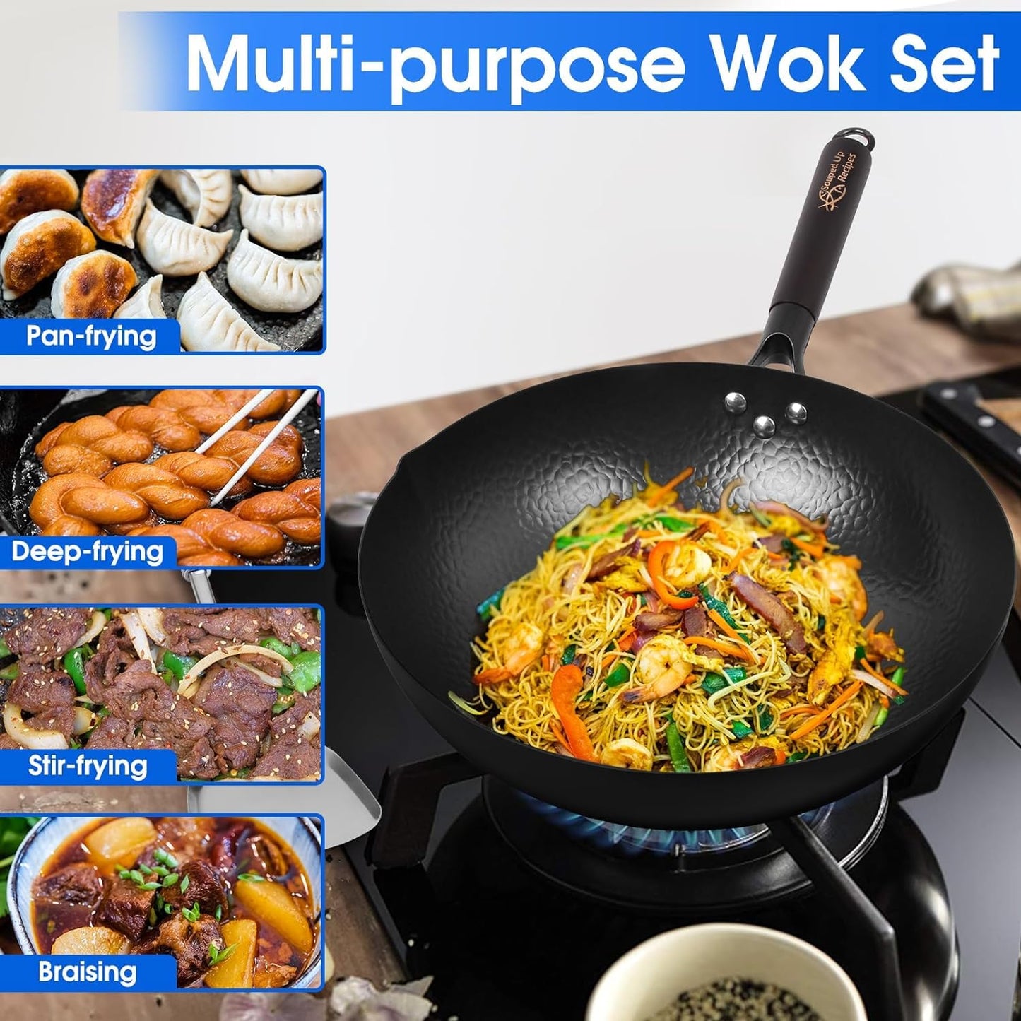 12.5 Inch Carbon Steel Wok For Electric, Induction and Gas Stoves (Lid, Spatula and User Guide Video Included)