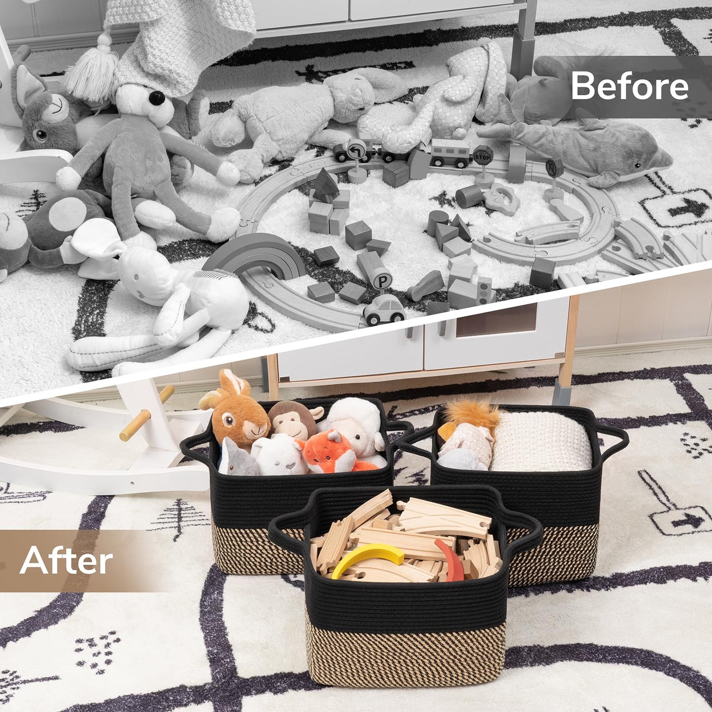Goodpick Woven Storage Baskets for Organizing, Cotton Rope Organizer for Living Room Bedroom, Black Laundry Basket with Handles, Stylish Gift Baskets for Baby Boys, 13"x10"x9"