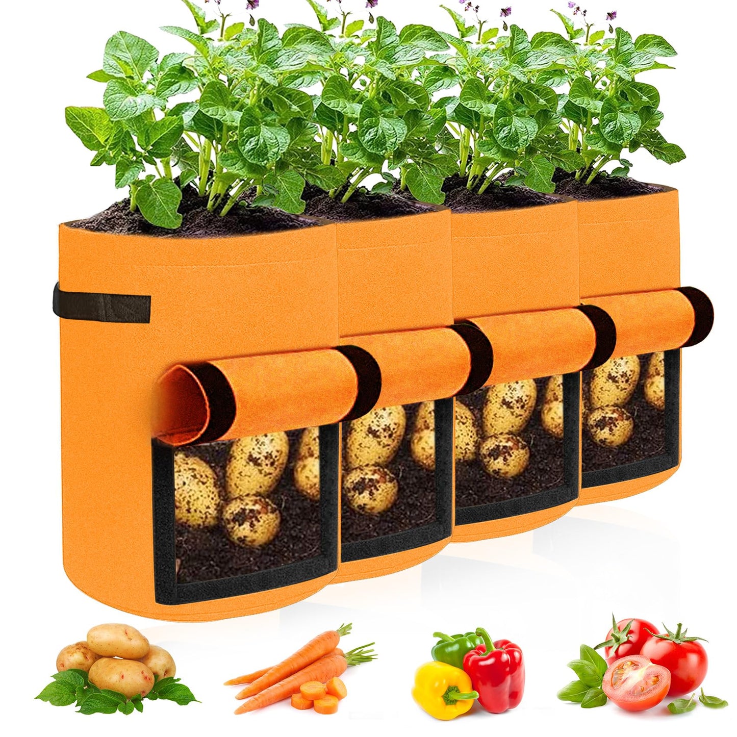 JJGoo 4 Pack Potato Grow Bags 10 Gallon with Flap, Heavy Duty Fabric with Handle and Harvest Window, Non-Woven Planter Pot Plant Garden Bags to Grow Vegetables Tomato, Orange