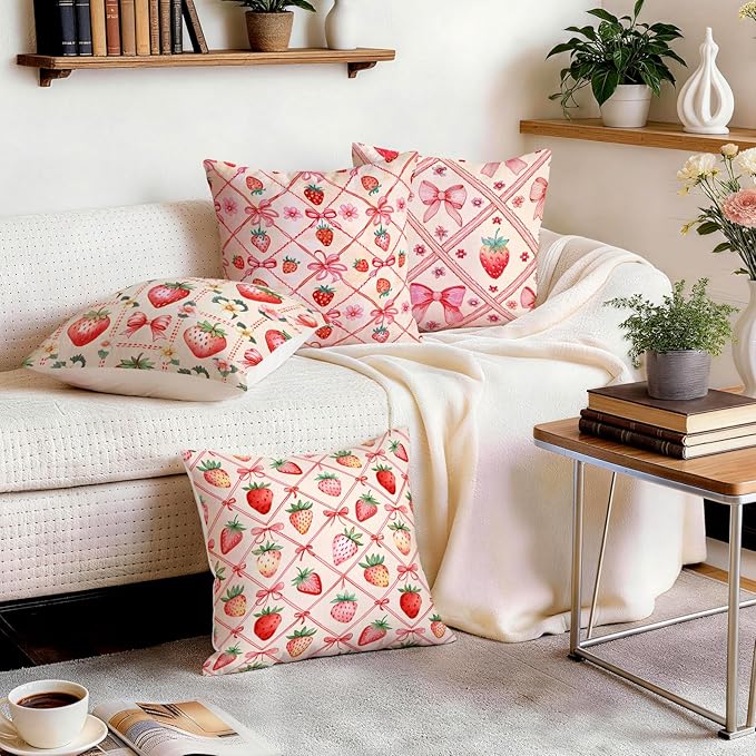 OBSEDE Pink Bow Strawberry Throw Pillow Covers 18 × 18 in, Couch Cushion Cases