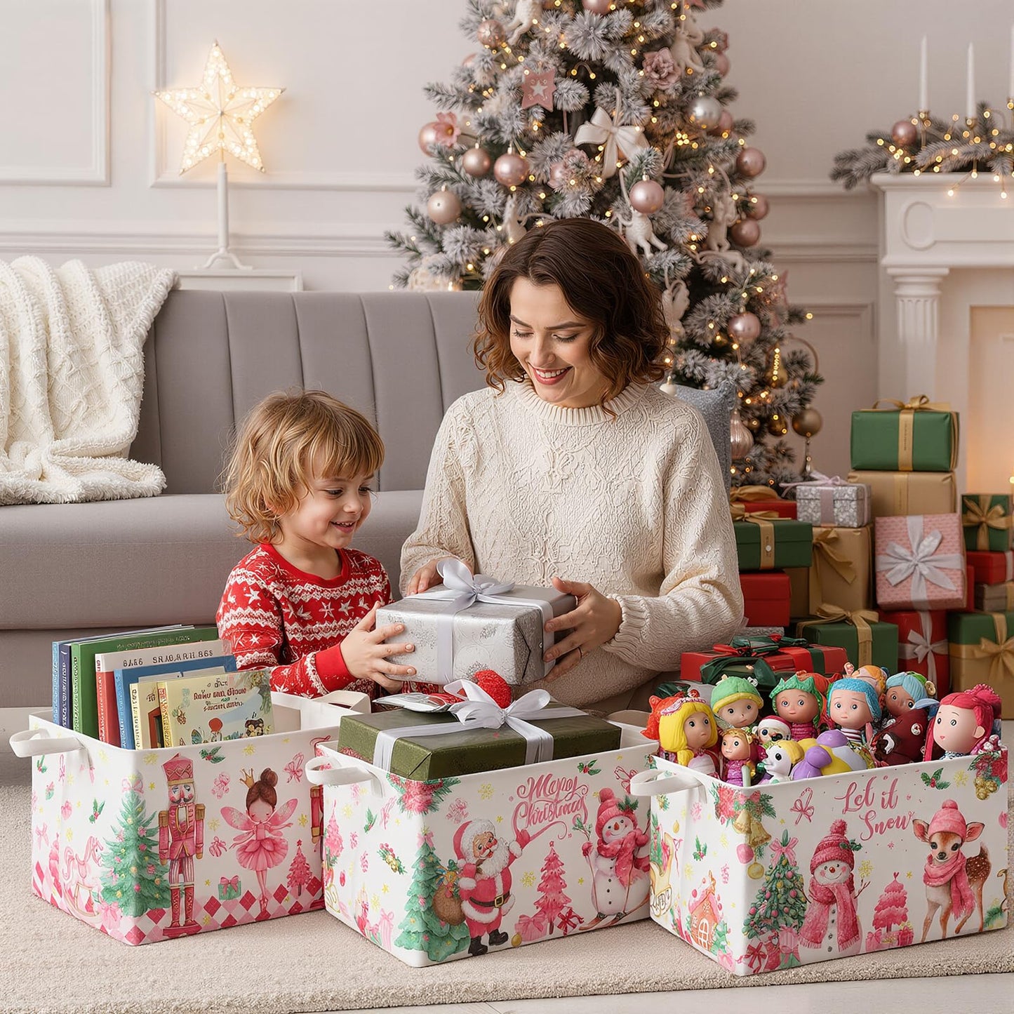 FoldTier 3 Pcs Pink Christmas Baskets Large Christmas Gift Storage Basket with Handles Foldable Snowman Santa Nutcracker Storage Bins Empty Collapsible Holiday Cube Box for Xmas Gifts Toy Clothes Book
