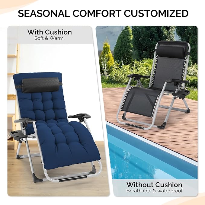 VINGLI 29" Padded Zero Gravity Chair, Lounge Chair with Removable Cushion & Tray, Folding Reclining Patio Chairs, Recliner Chair for Lawn,Indoor Outdoor-Blue