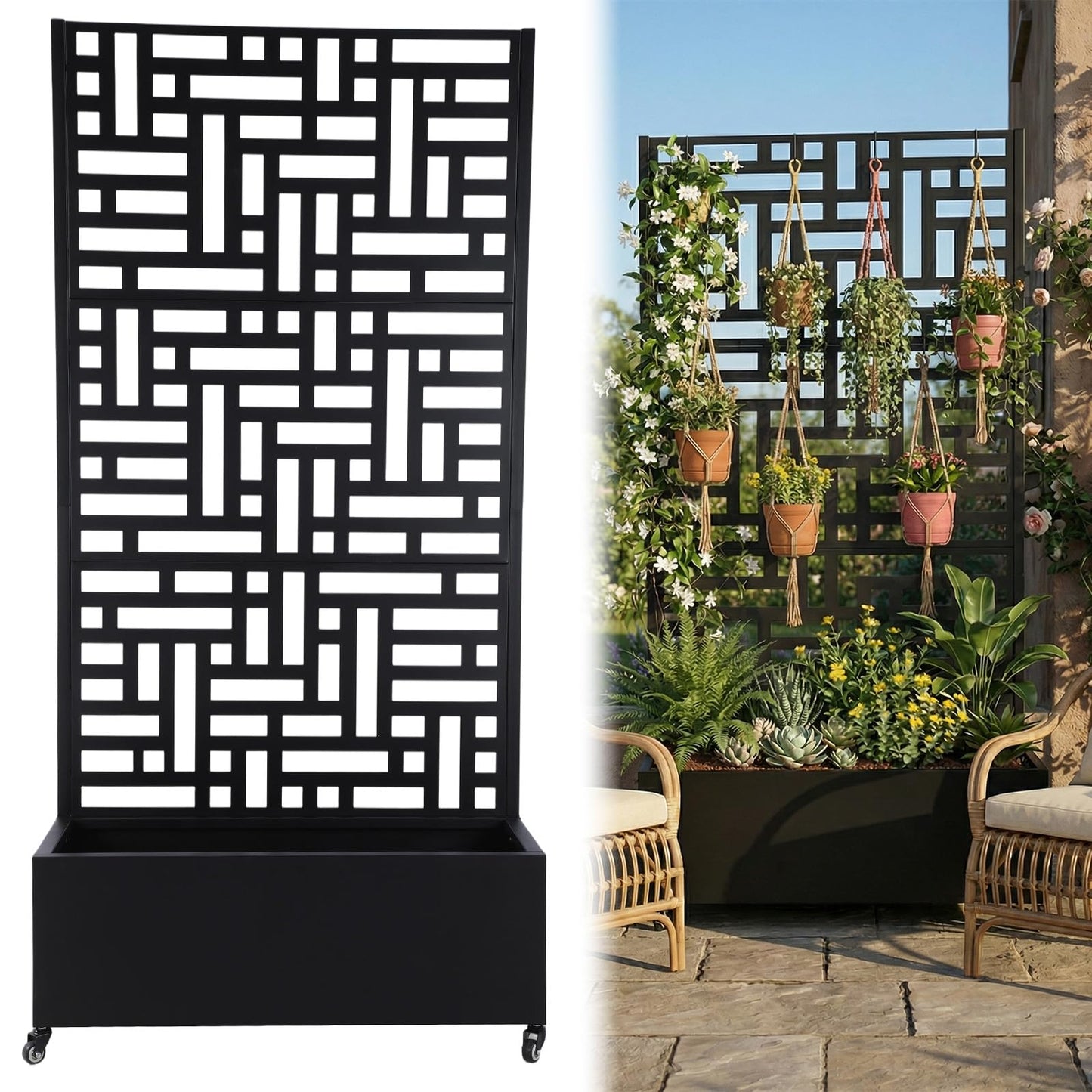 CLBDRESS 70.87x35.43x15.75 Inch Metal Planter Box with Trellis and Wheels Raised Garden Bed with Drainage Holes Privacy Planters Suitable for Climbing Plants and Vegetables
