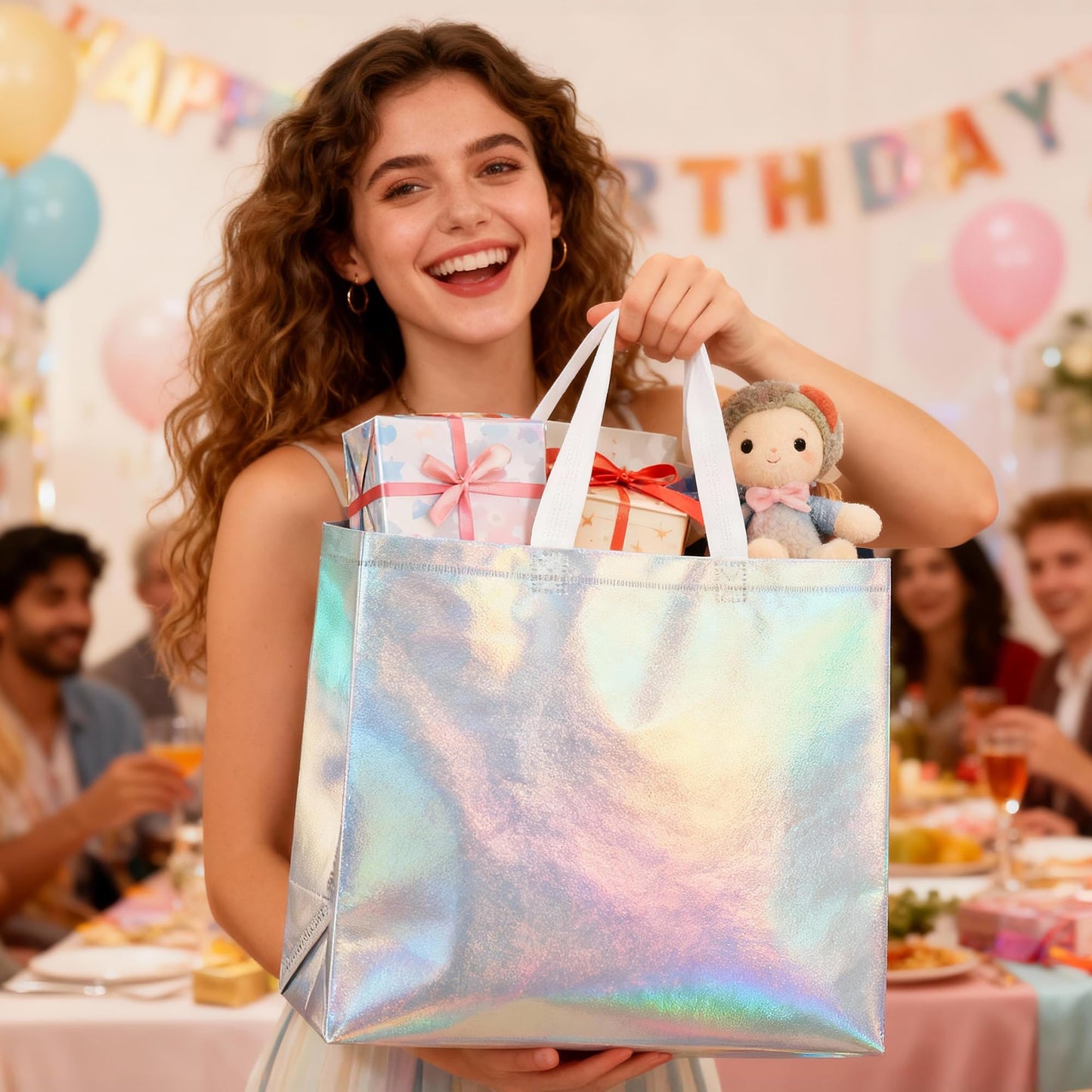 METAPRINT Large Reusable Gift Bags with Handles, 15 PCS Iridescent Party Favor Bags, 13x5x11 Inch Holographic Gift Bag Bulk for Birthday, Wedding, Goodie