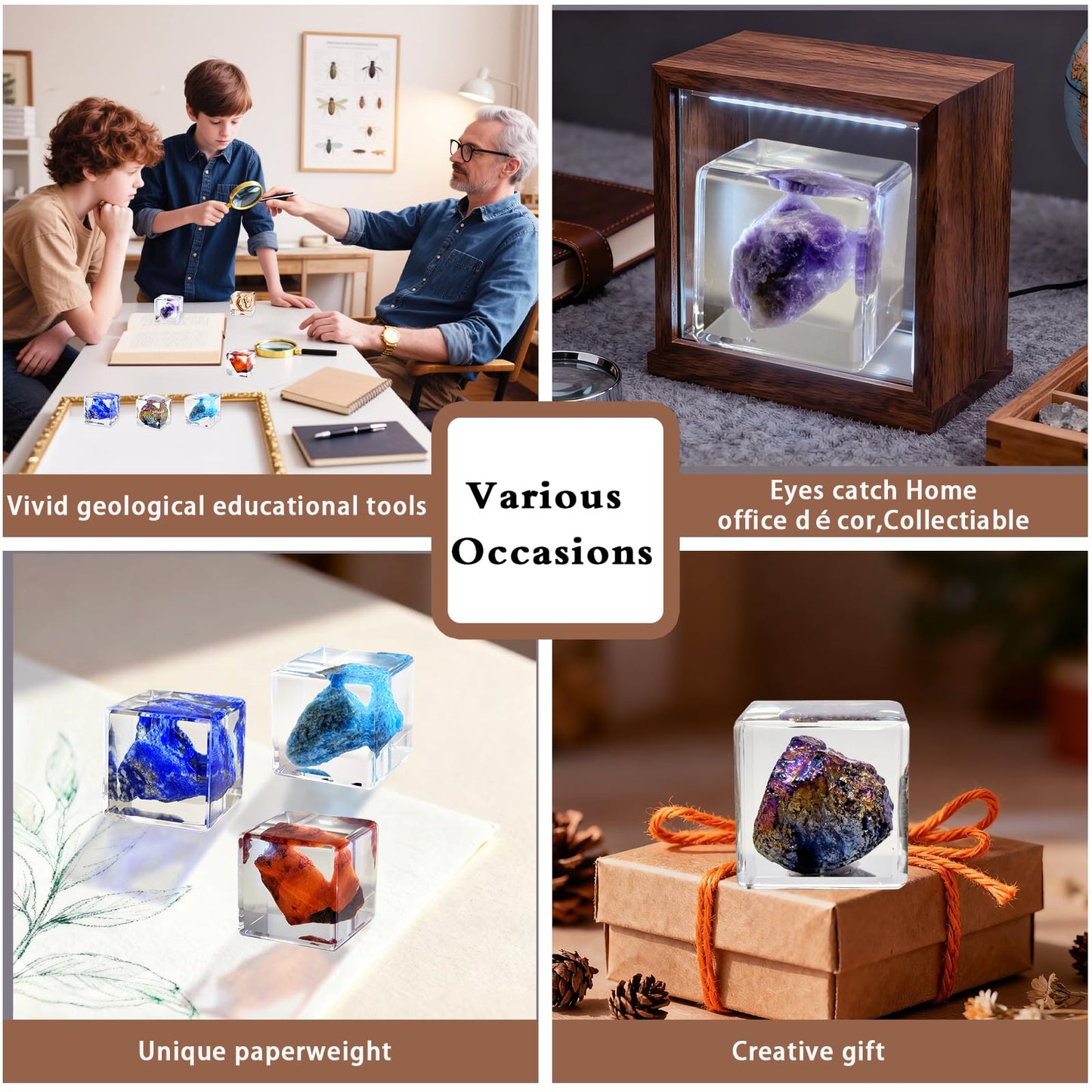 Crystal Specimen in Resin Cube - 6 Minerals Amethyst Lapis Lazuli for Geology Classroom STEM Education Healing Crystals Collection Display Gift 1.38×1.38×1.38inch