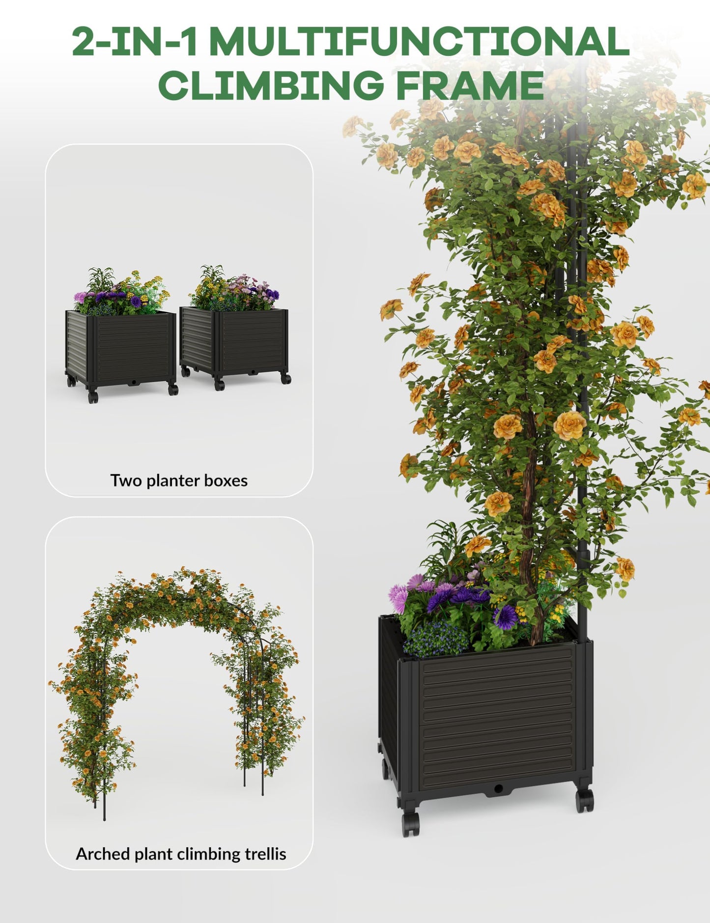 4.5 Inch Garden Arch Trellis with Planter Boxes & Wheels, PP & Steel Outdoor Archway for Climbing Plants, Adjustable Span Wedding Arch Decor for Garden, Patio, Balcony