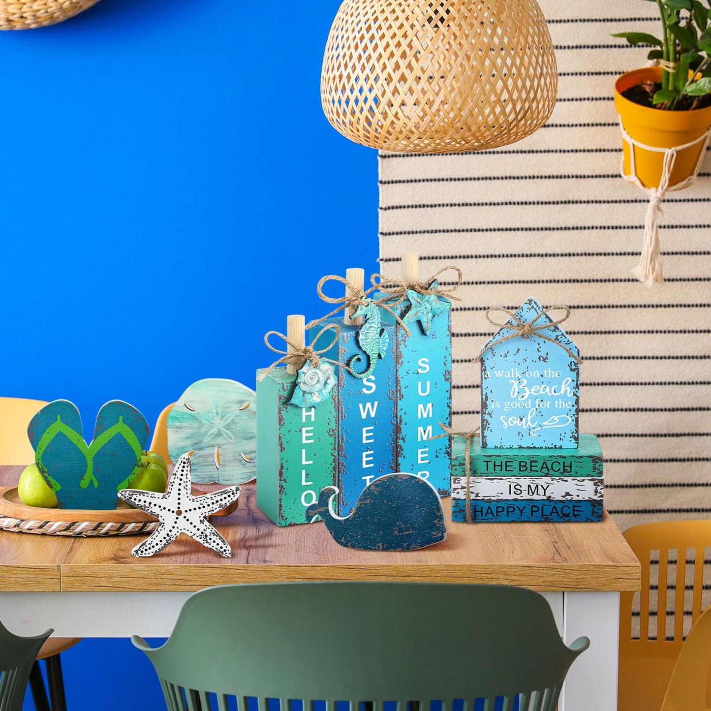 Vercraft 11 Pcs Summer Beach Table Decorations Ocean Tiered Tray Decor Summer Centerpiece Decorative Wood Books Table Top Decor Starfish Wooden Sign for Home Party Supplies (Ocean)