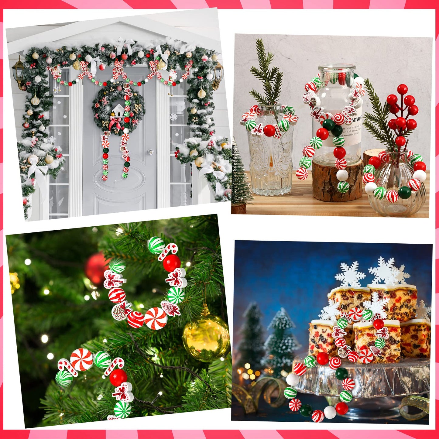 Qunclay 200 Pcs Christmas Beads for Crafts Wooden Christmas Beads Red Green and White Peppermint Candy Cane for Jewelry Making Holiday DIY Garland Party Tree Hanging Home