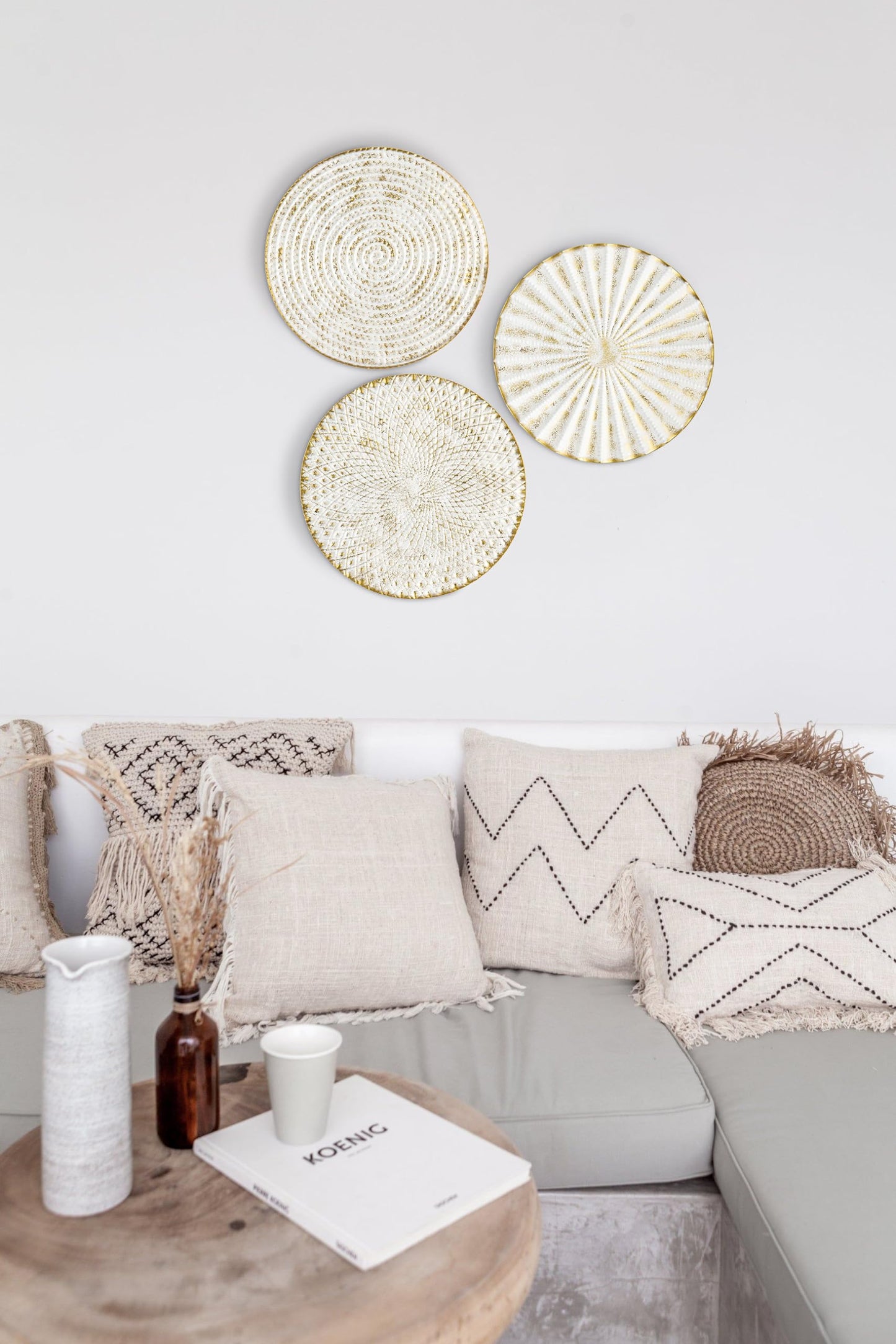 Briful 12" Wall Décor Pack of 3 Metal White Washed Starbursts Radial Plate Wall Art Modern Accent Hanging Wall Decorations For Home Office Bedroom Or Living Room Wall Sculptures