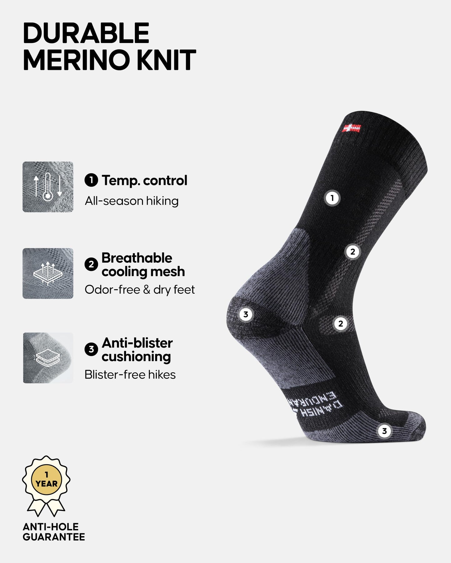 DANISH ENDURANCE Outdoor Walking Thermal Socks, Merino Wool, Premium Comfort Hiking Socks for Men & Women Unisex 3 Pack, Black, 9-12