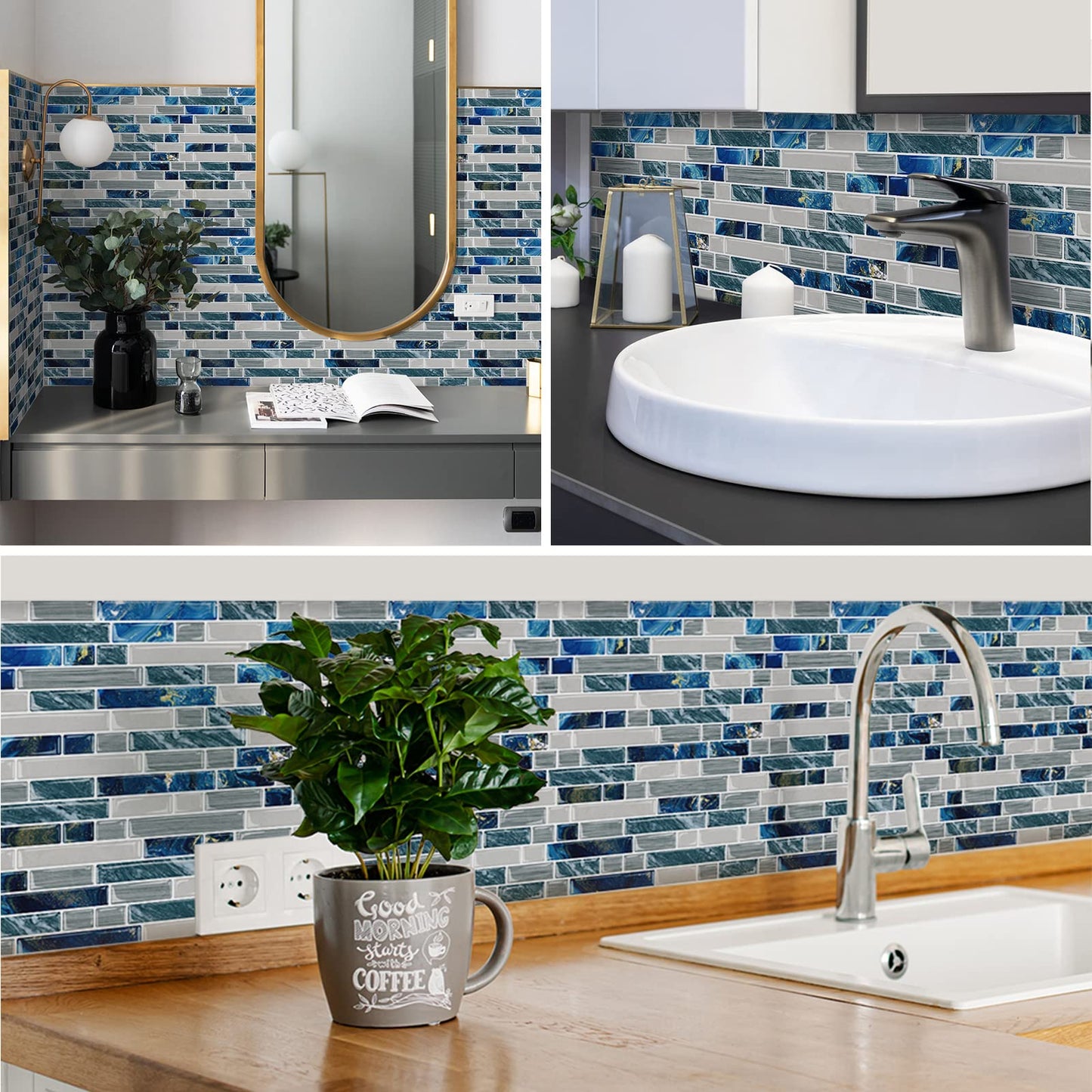 10-Sheet Peel and Stick Backsplash for Kitchen Bathroom Stick on Backsplash Blue Tile 12"x12"