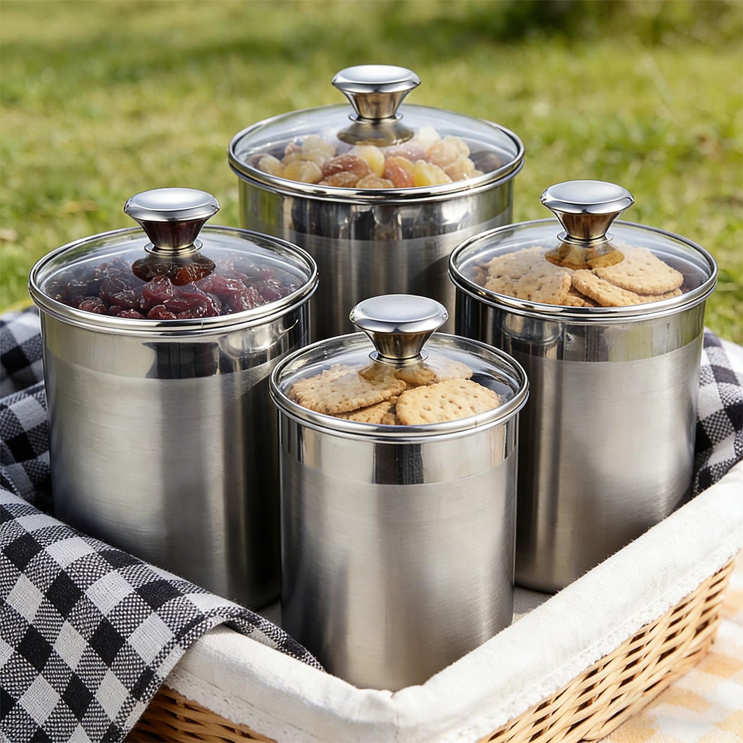VTWTV Stainless Steel Food Canister Set 4-Piece, Airtight Kitchen Storage Containers with Lids, Metal Canisters for Flour Sugar Coffee & Pantry Organization, Rustproof & Durable Countertop Jar Set