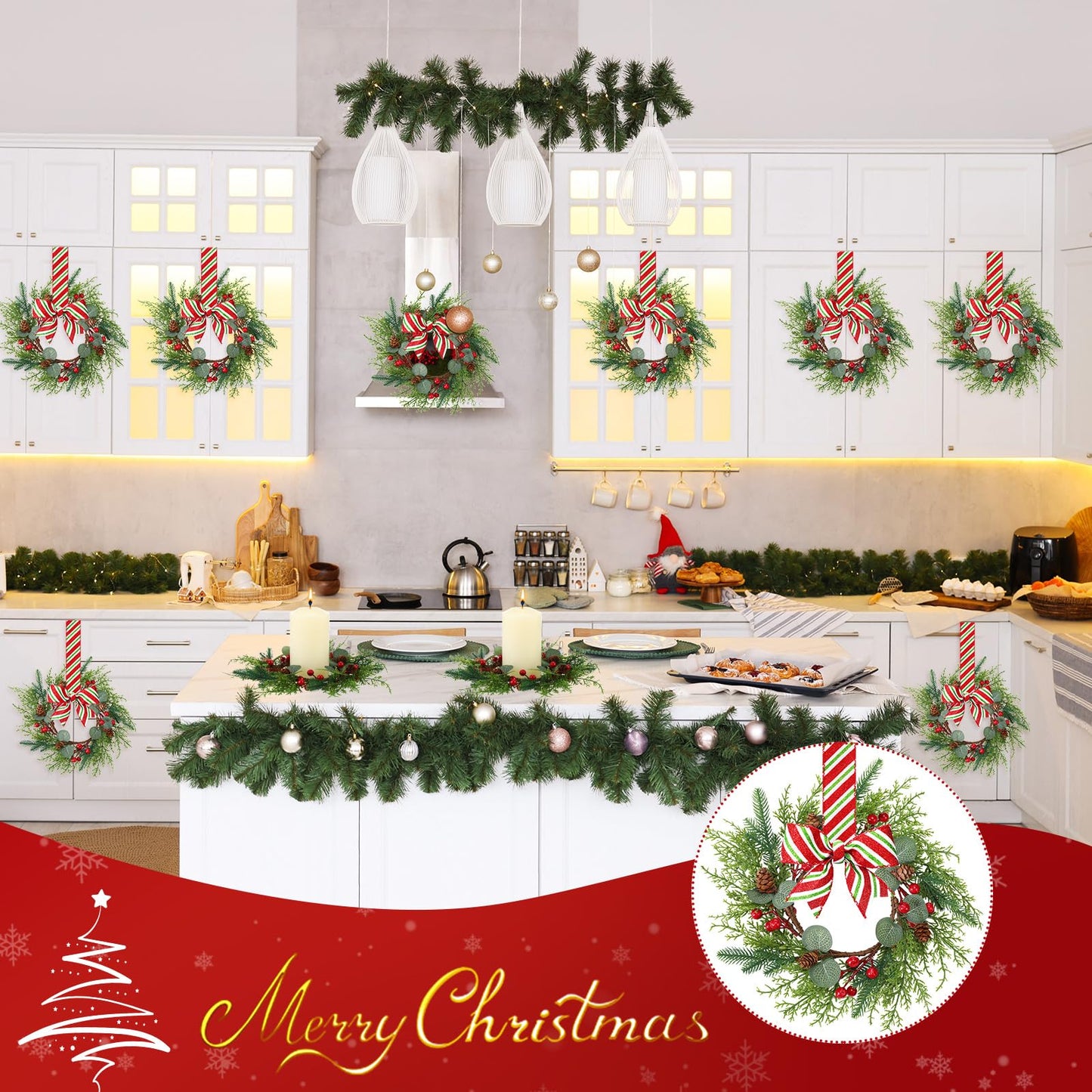 Suncalla 8 Pcs Christmas Kichen Cabinet Wreaths Bulk 7.87 Candy Cane Artificial Faux Candle Ring Wreath with Glitter Red White Green Ribbon Bow Pine Berries Christmas Decor for Xmas Home Window Door