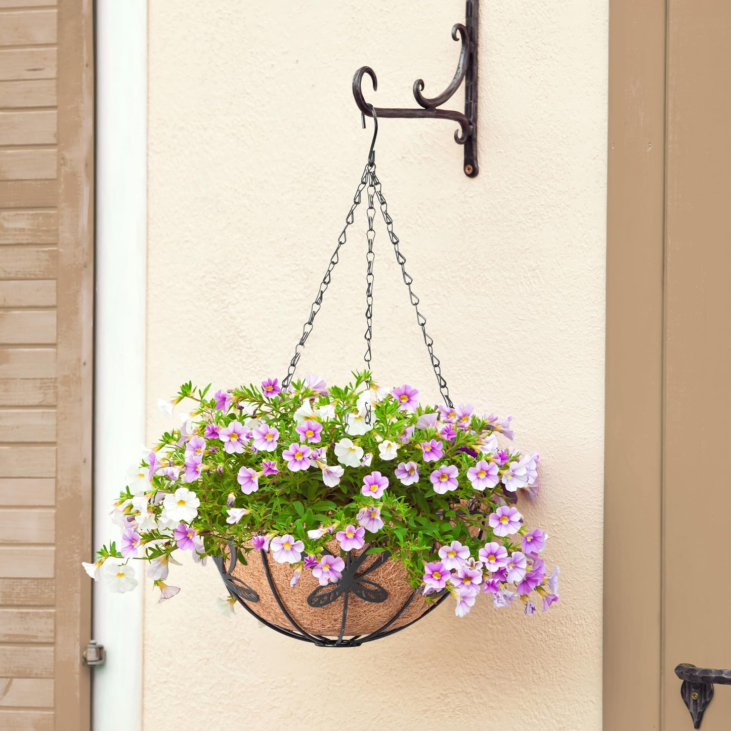 ARVINKEY Hanging Baskets Planter for Plants, 2 Pack 10 Inch Round Metal Wire Hanging Flower Pots with Coco Coir Liner Chain, Plant Holder for Home Garden Balcony Decor