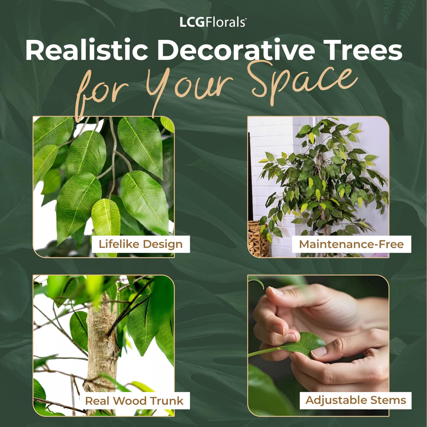 LCG Florals 4ft Ficus Tree in Black Metal Pot with Real-Wood Trunk - Indoor and Outdoor Faux Plants for Patio, Living Rooms, Offices & Outdoor Spaces