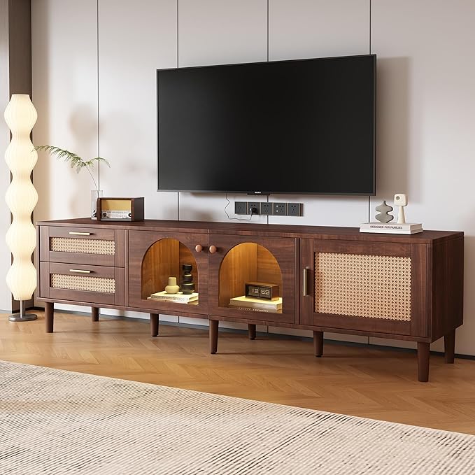 Merax Rattan TV Stand with LED Lights, Solid Wood Feet, Living Room, Bedroom