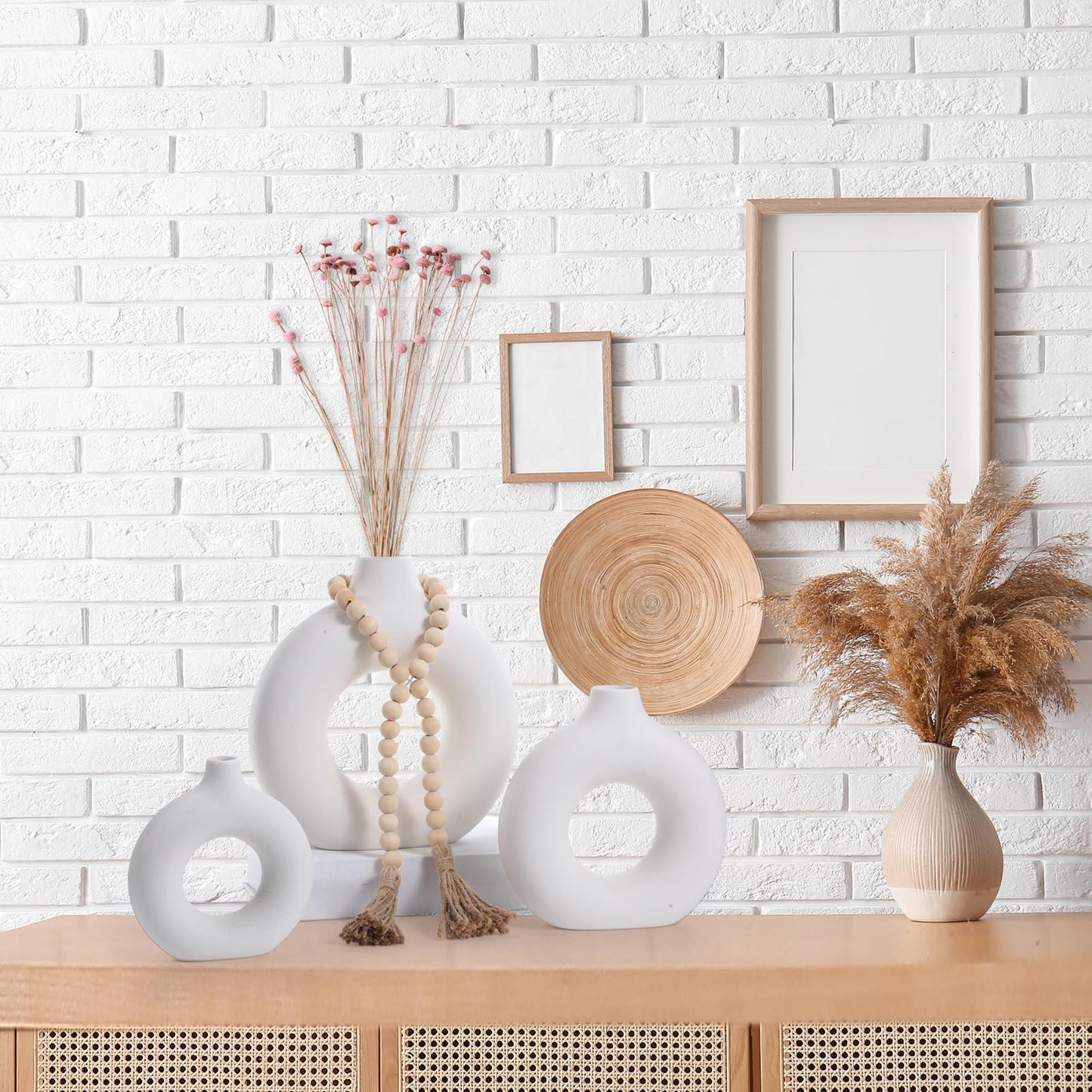 Reallnaive 8 Pcs Rustic Vase Centerpieces Set Included Boho Ceramic Vase Decorative Books Wood Bead Garland with Tassels for Farmhouse Table Island Living Room Decor(with God All Things are Possible)