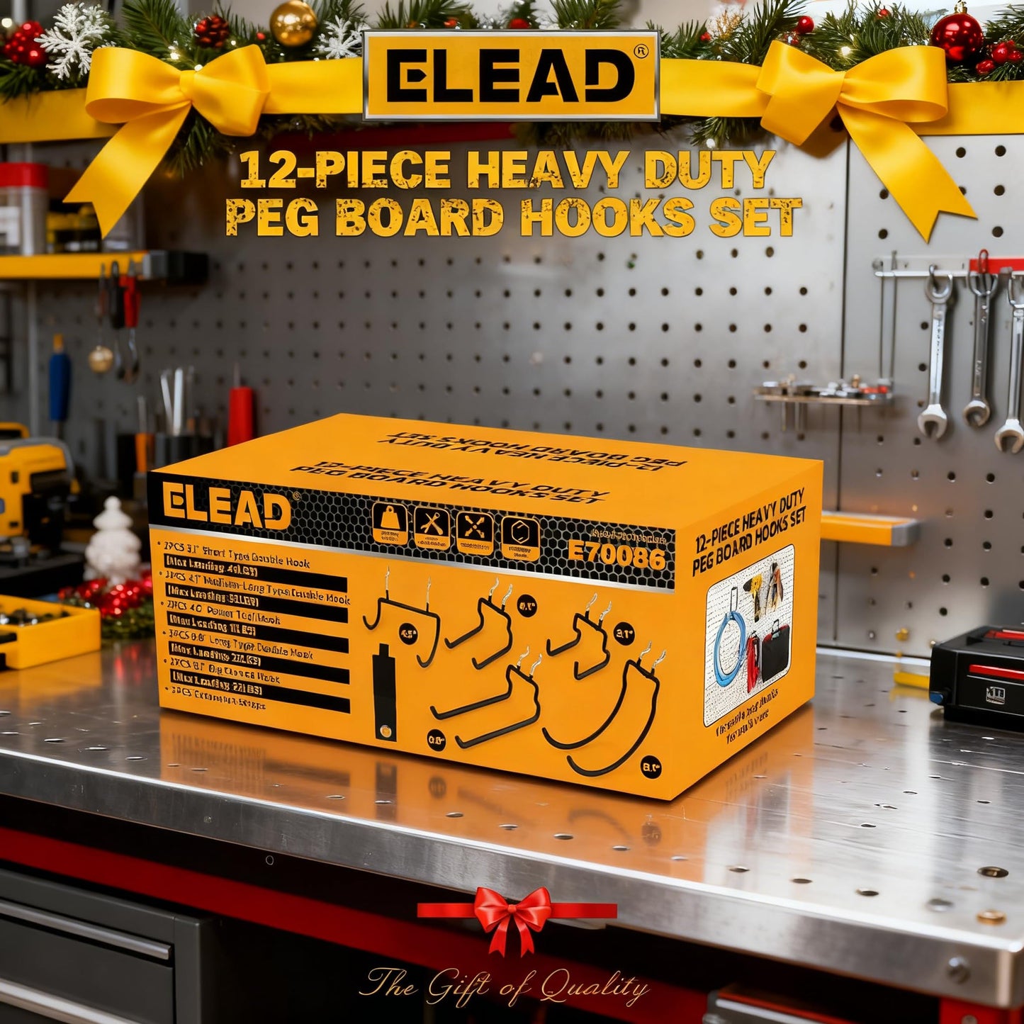 ELEAD 12-Piece Pegboard Hooks with Extension Straps, Heavy Duty Organizer Pegboard Accessories Fit for 1/4" Pegboard, Peg Board Tool Utility Hangers for Power Tool, Drill, Bag, Cord