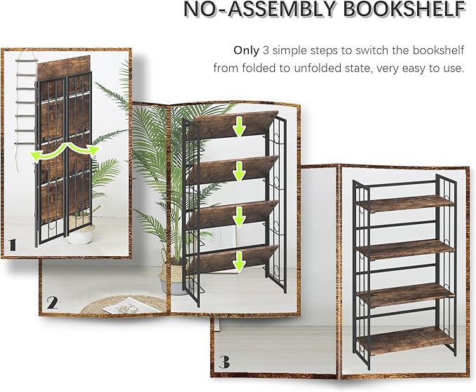 4NM No Assembly 4 Tiers Folding Bookshelf, 47.2" H Foldable Storage Shelves