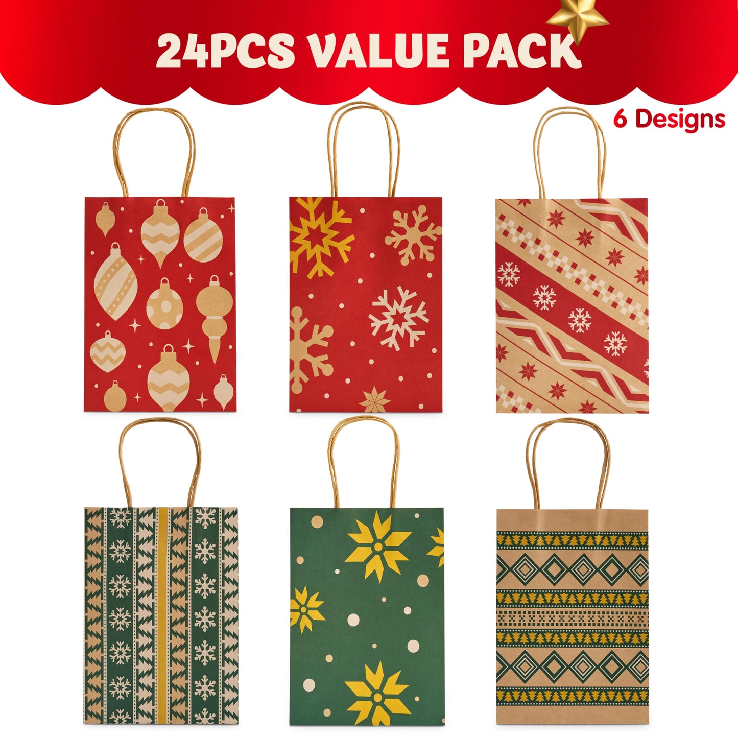 JOYIN 24 PCS Christmas Kraft Bags Holiday Paper Goody Gift Bags with Handles for Xmas Gifts Wrapping Party, Giant Gifts Decorations, Classrooms and Party Favors (Red+Green, 8.27" x 5.91" x 3.15")