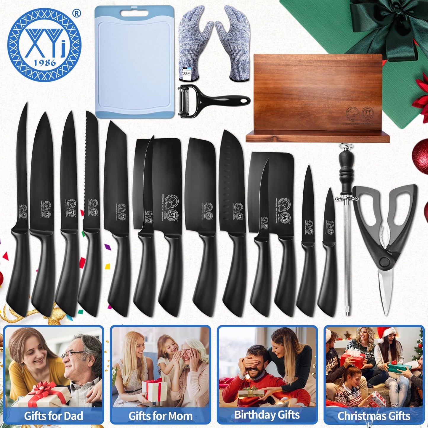 XYJ Professional Knife Sets for Master Chefs,Meat Cleaver Butcher for Camping,Chef Knife Set with Magnetic Knife Block,Stainless Steel Kitchen Knives Tools Kit