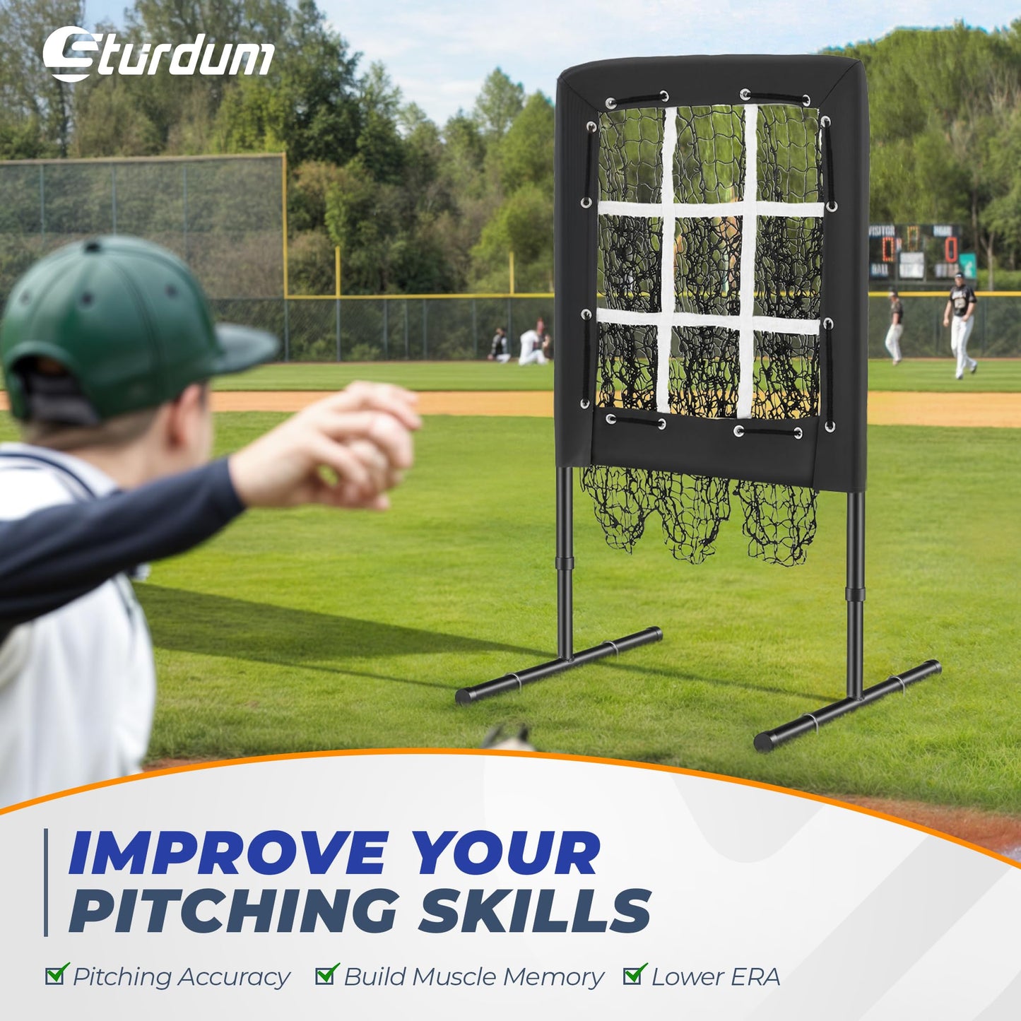 Sturdum 9 Hole Pitching Net, Portable Baseball Softball Nine Pocket Pitching Target with Strike Zone, Height Adjustable Pitcher Training Equipment with Carry Bag, 4 Ground Stakes