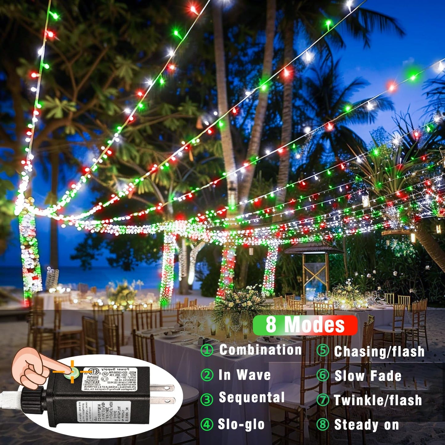 300 LED Christmas Lights Outdoor Indoor 100FT String Lights Indoor Clear Wire 8 Modes Plug in Twinkle Fairy Lights for Bedroom Christmas Tree Party Decorations, Red White&Green