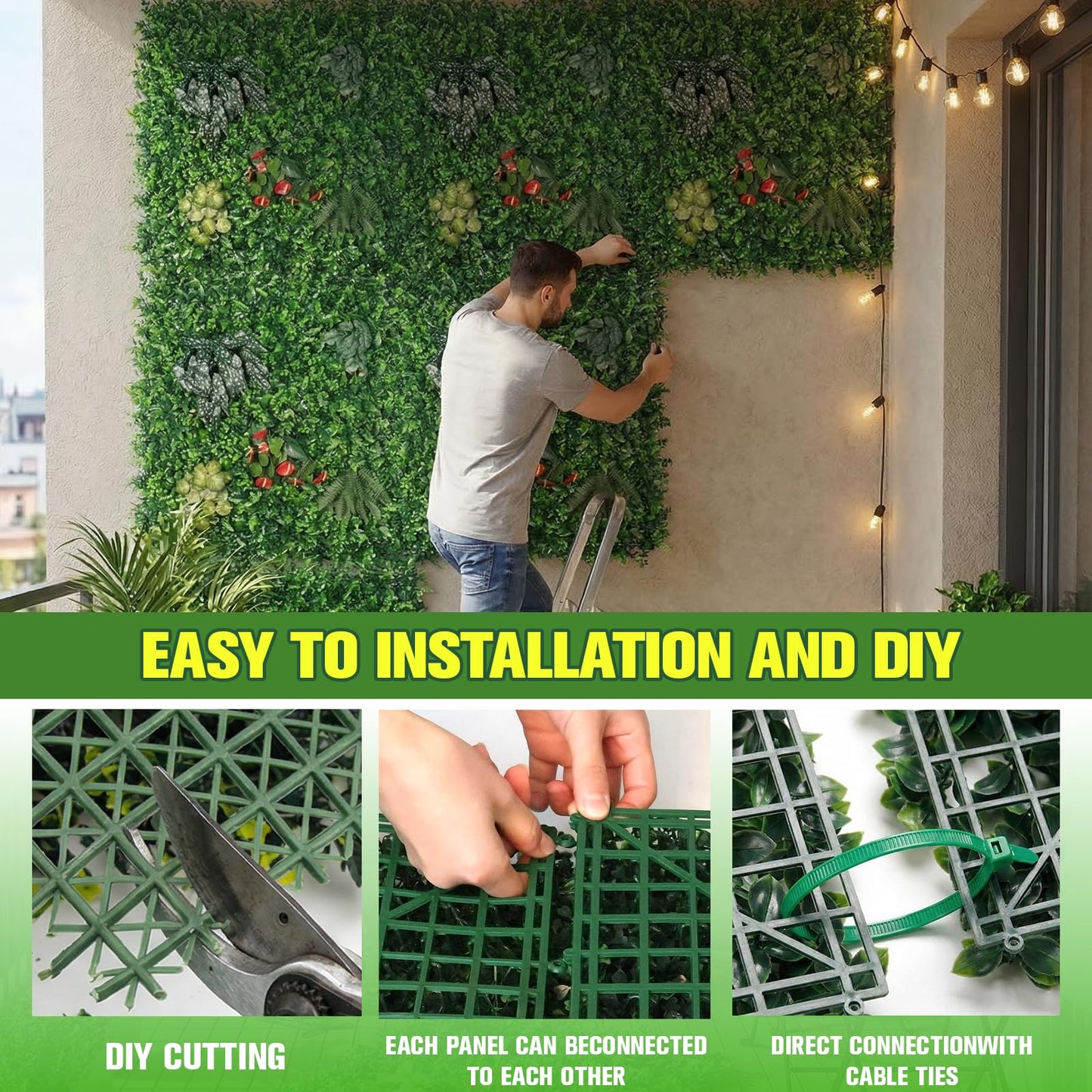 6pcs 39.37"X39.37" PE Artificial Grass Wall Panel, 8-Plant Mixed Foliage, Easy DIY Installation with Zip Ties, Indoor Outdoor Privacy Screen for Home Garden Wedding Decoration