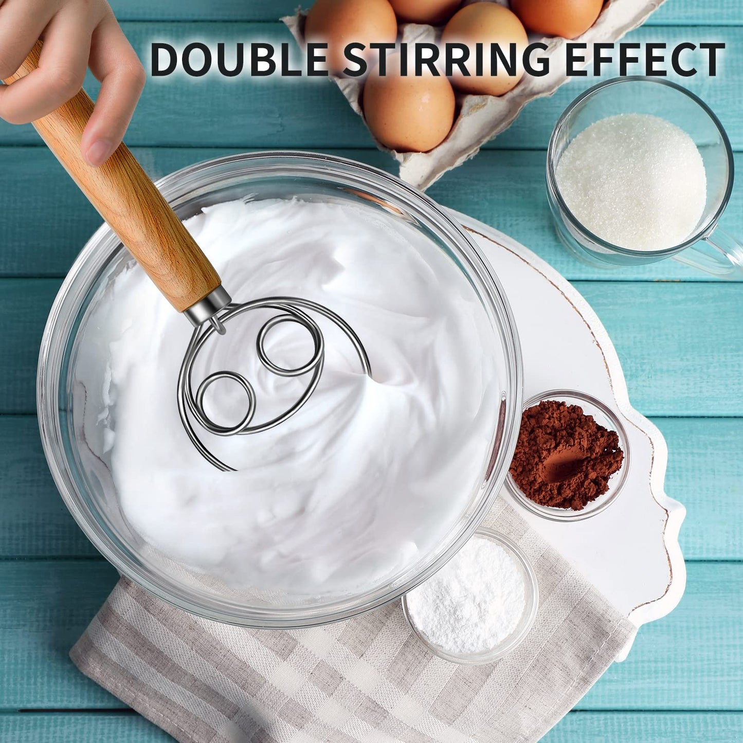 TEEVEA Danish Dough Whisk Stainless Steel Dough Hook Dutch Whisk for Sourdough Bread Dough Mixer Hand Wooden Handle Kitchen Whisking Mixing Tool Bread Making Tools and Supplies