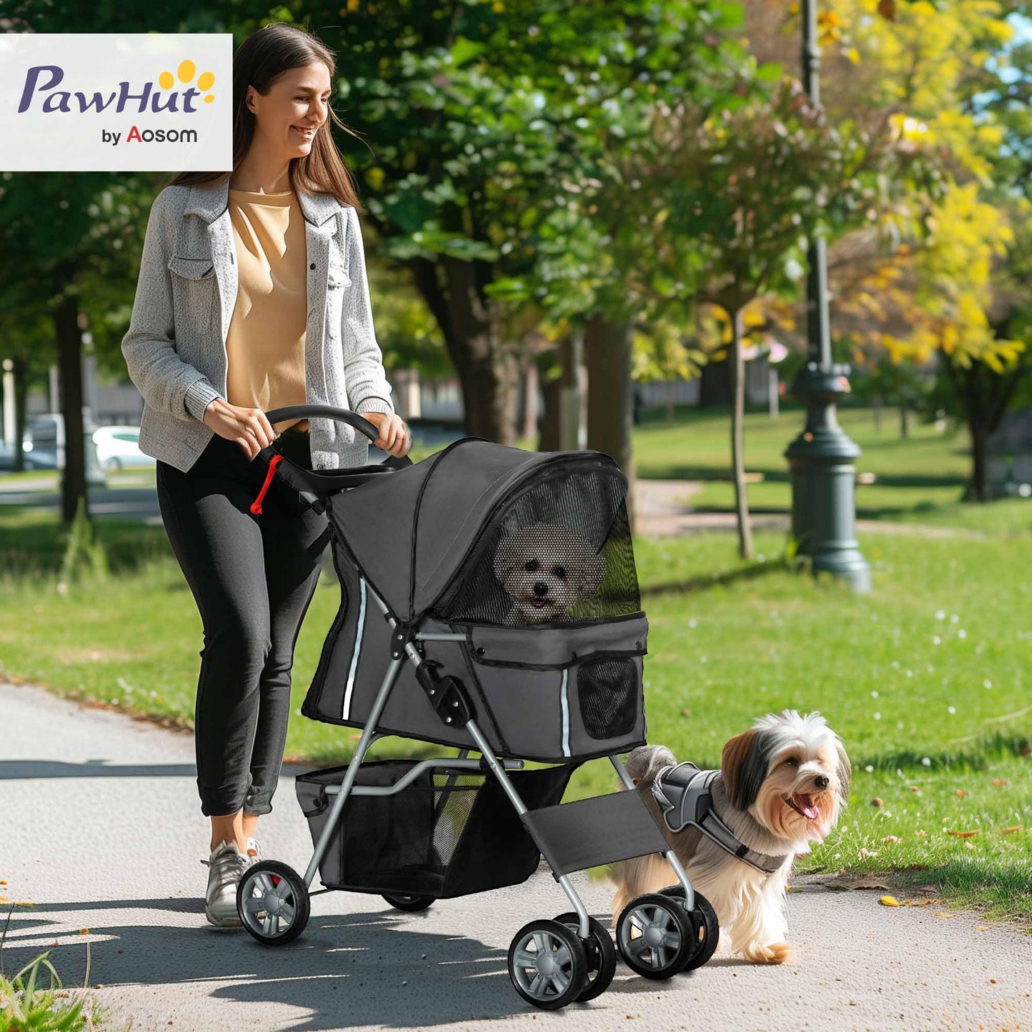 PawHut Pet Stroller for Small Miniature Dogs Cats Foldable Travel Carriage with Wheels Zipper Entry Cup Holder Storage Basket Grey