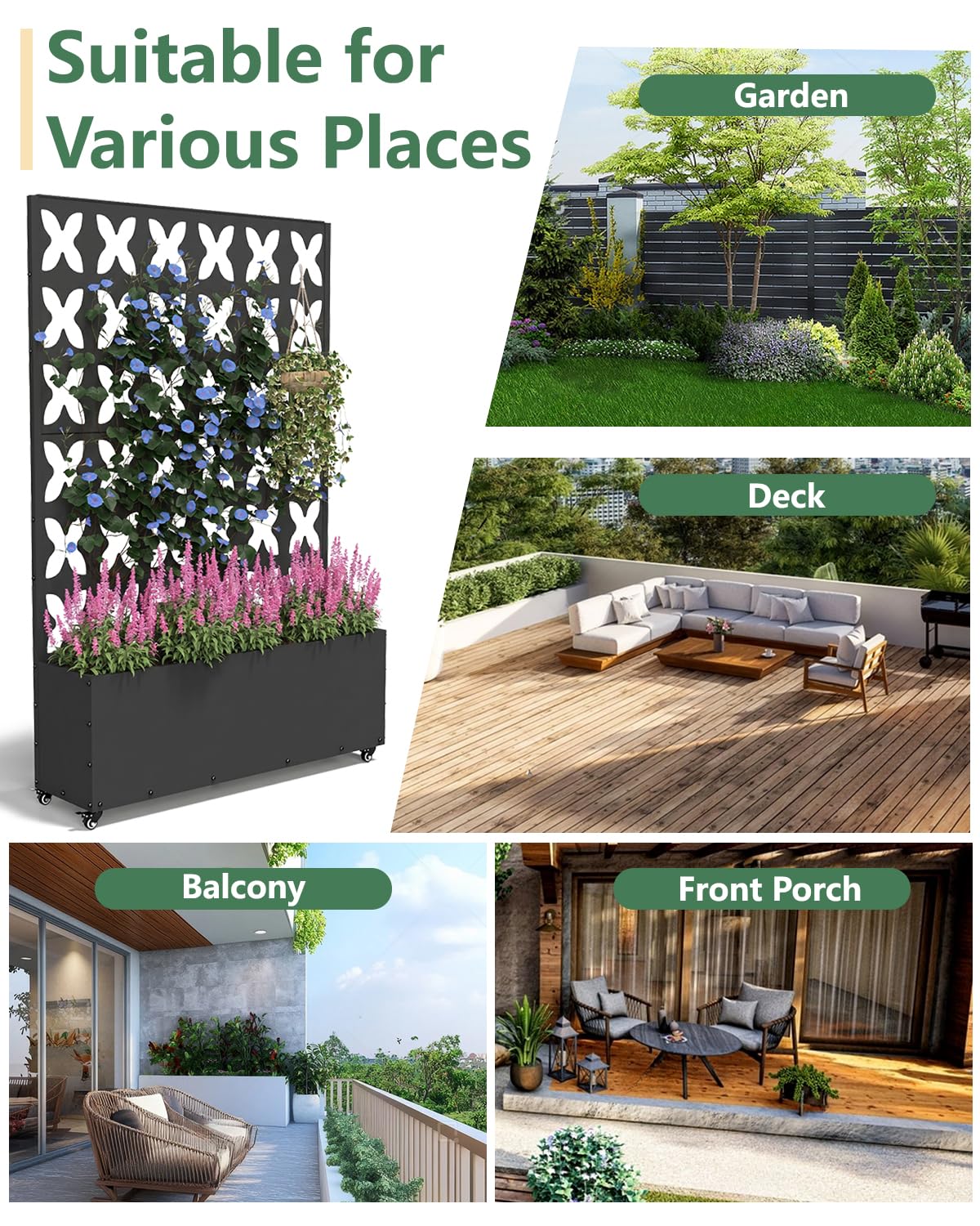 FOLAWO Metal Planter Box with Trellis,70.9"x47.2"x15.7" Raised Garden Bed with Drainage Holes, Privacy Planters for Outdoor Garden Bed for Climbing Plants,Vegetables,and Vines, Black-X