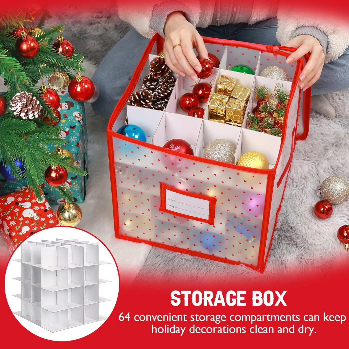BINSUNS Christmas Ornament Storage Box, Christmas Storage Containers Organizer Bag with Dividers - Fits up to 64 Holiday Xmas Ornaments Decorations 3" Seasons Balls(Red)