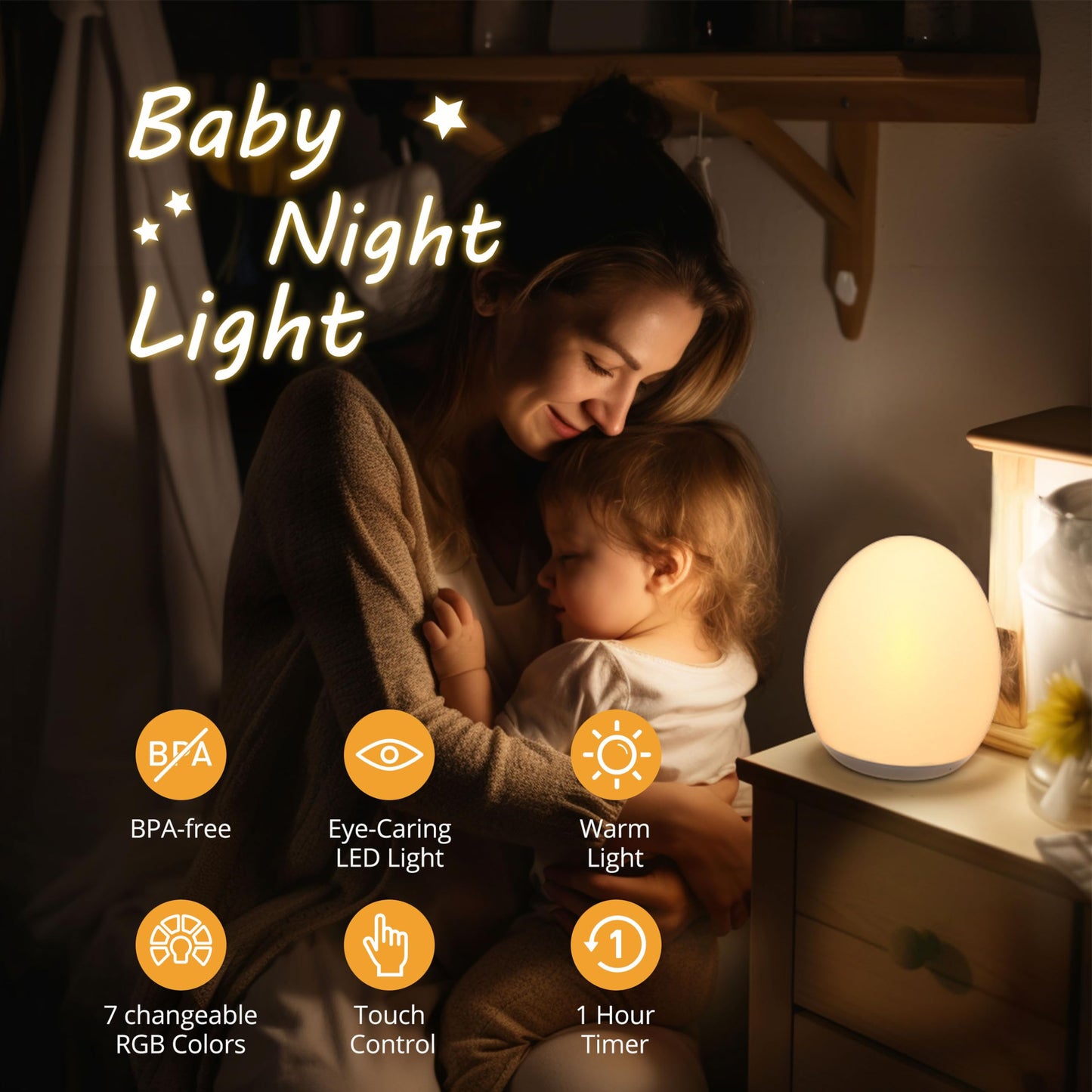 JolyWell Night Light for Kids, Egg Light for Nursery with 7 Changeable RGB Colours & Stepless Dimming, Rechargeable Tap Light with a 1-Hour Timer & Touch Control, Portable Baby Night Light, BPA Free