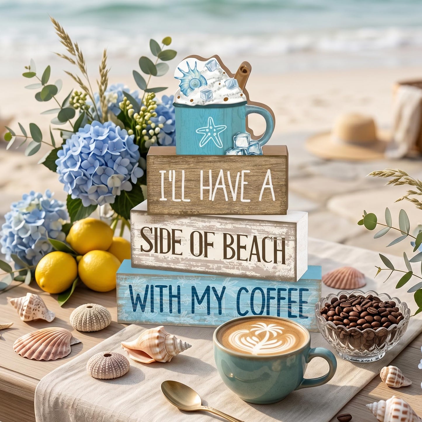 Lineshading 4 Pcs Wooden Farmhouse Tabletop Decor Rustic Home Tiered Tray Decor Decorative Farmhouse Table Decoration Home Block Signs Gift(Summer)