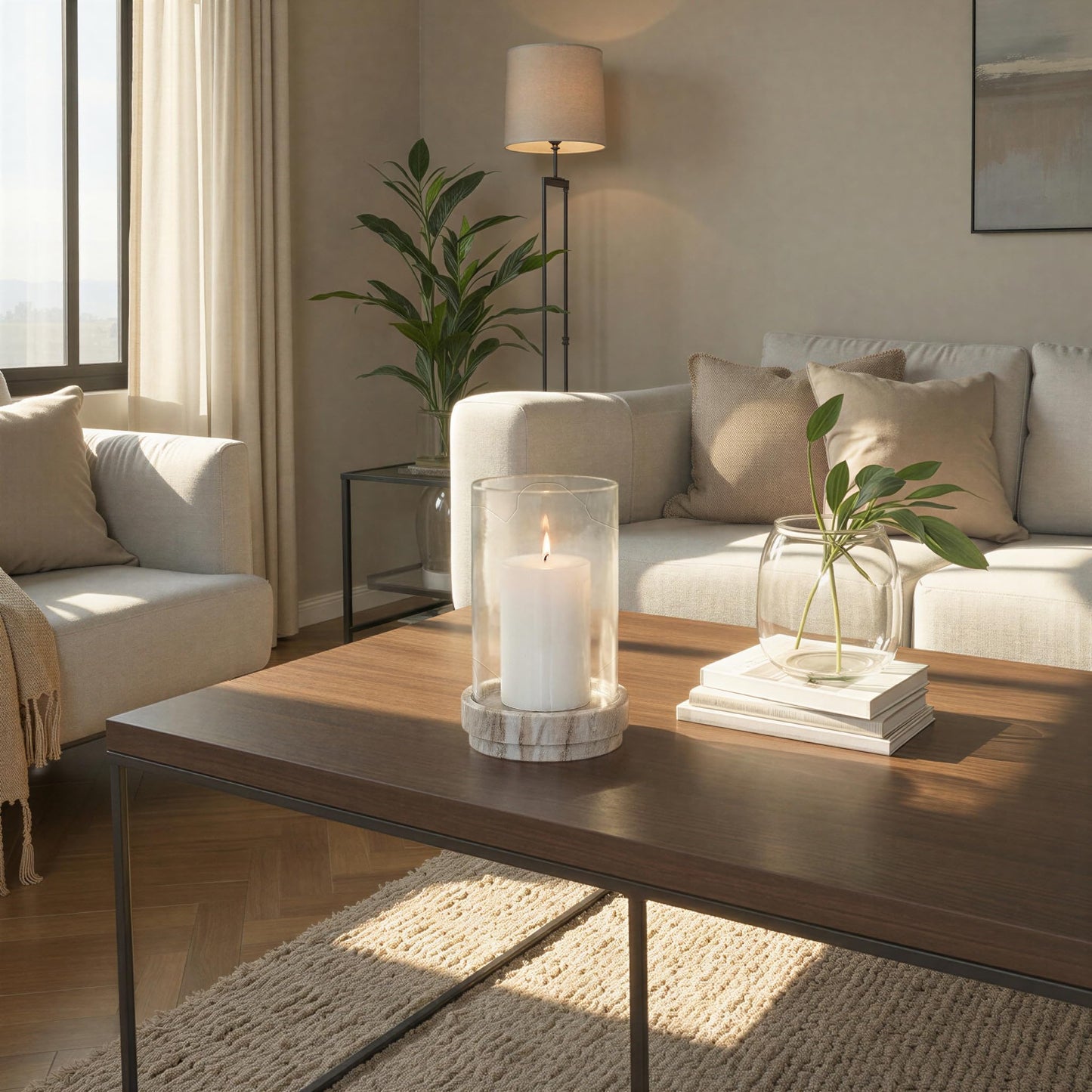 Creative Co-Op Round Marble Taper/Pillar Candle Holder with Glass Hurricane, Beige Finish