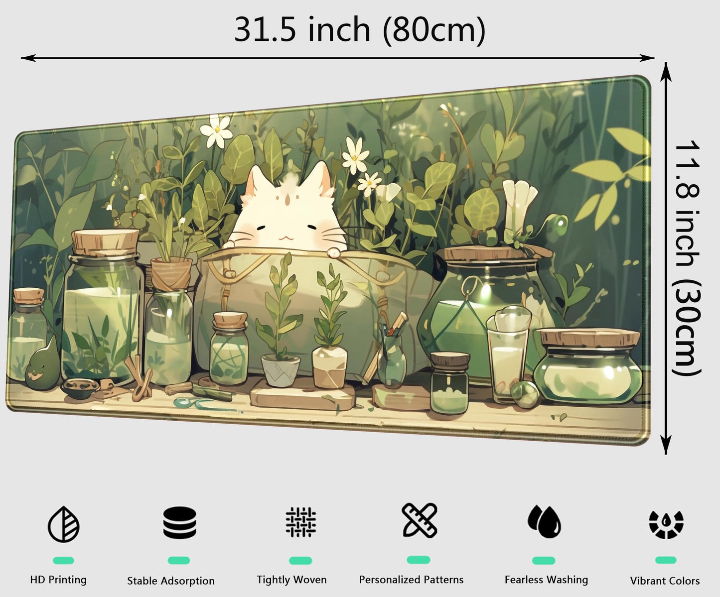 Cute Kawaii White Cat Anime Green Plant Leaves Desk Mat Large Mouse Pad Gaming Desk Pad, XL Extended Mousepad Desk Accessories for Women Office Decor Long Laptop Keyboard Mouse Mat 31.5x11.8 in