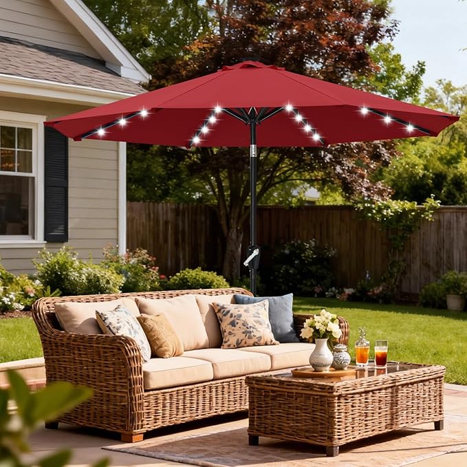 ABCCANOPY Durable Solar Led Patio Umbrellas with 32LED Lights 11FT (Wine Red)
