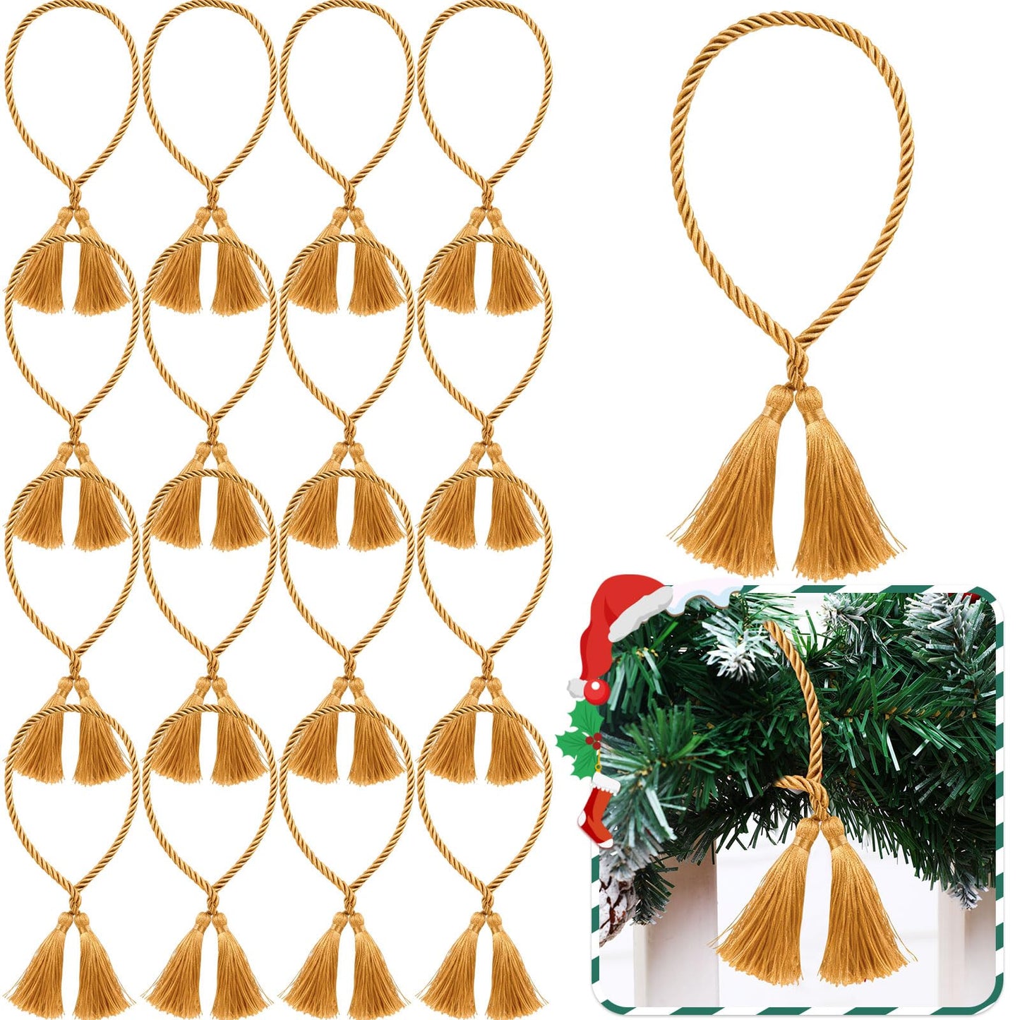 Zhengmy 15 Pcs 24 Inch Christmas Garland Ties with Tassels Decorative Twist Tie for Banister Reusable Flexible Twist Tie for Garland Fireplace Staircase Banister Home Xmas Holiday Decorations (Gold)