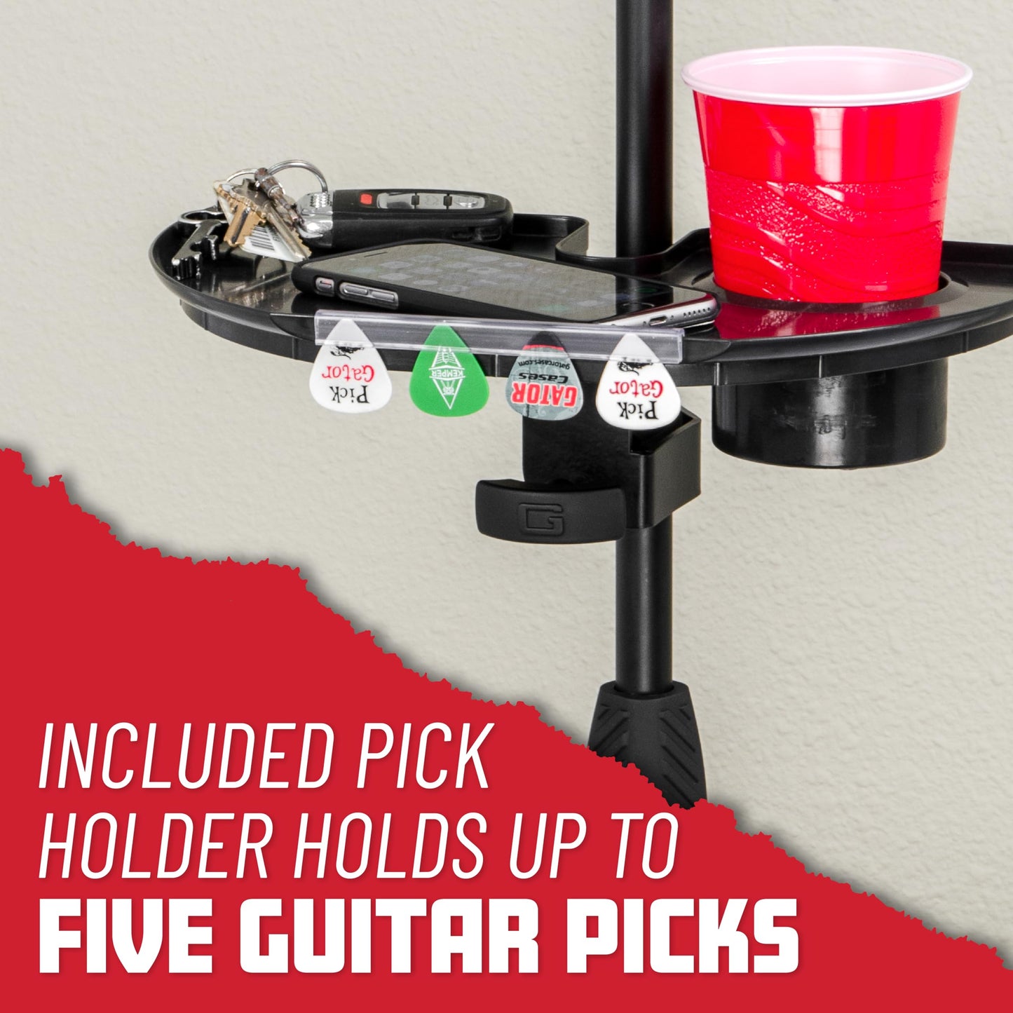 Gator Frameworks Microphone Stand Accessory Tray with Drink Holder and Guitar Pick Tab, 12" x 7" (GFW-MIC-ACCTRAY)
