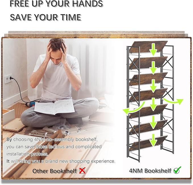 4NM 7 Tiers No Assembly Book Shelves, 72.4" H Folding Bookshelf Bookcase Open