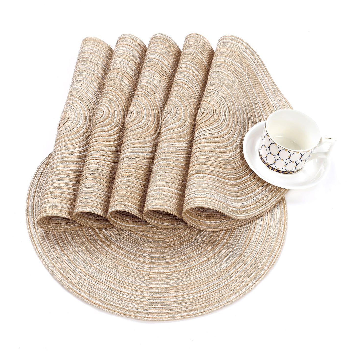 SHACOS 15 inch Round Braided Placemats Set of 6 Non Slip Heat Resistant Cotton Polyester Table Mats Washable Place Mats for Dinner Party Table Decoration (Beige, 6)