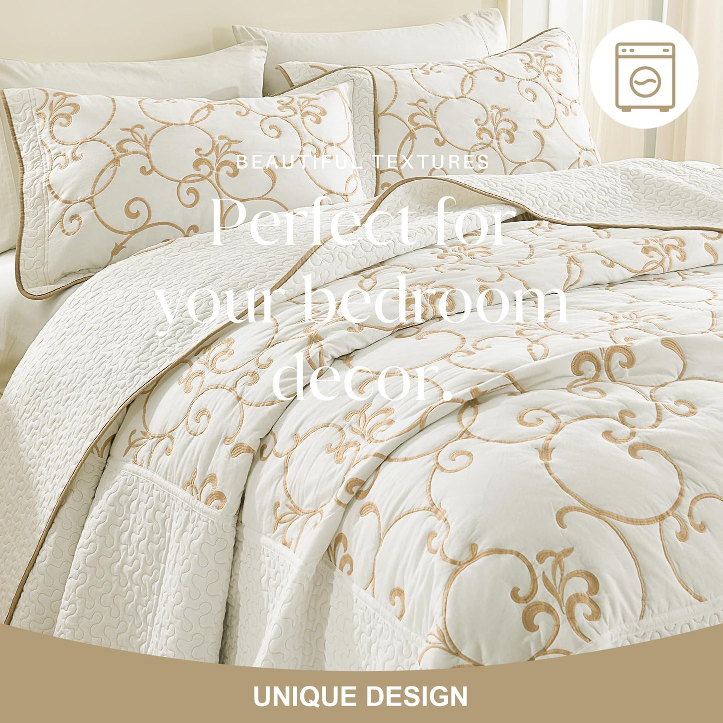 FineStichery 100% Cotton Oversized Bedspread Quilt Coverlet Set, 120"x102" Extra Large Queen Bedspreads with Pillow Shams, Lightweight Embroidered Bedding Cover 3 Piece, Beige/White
