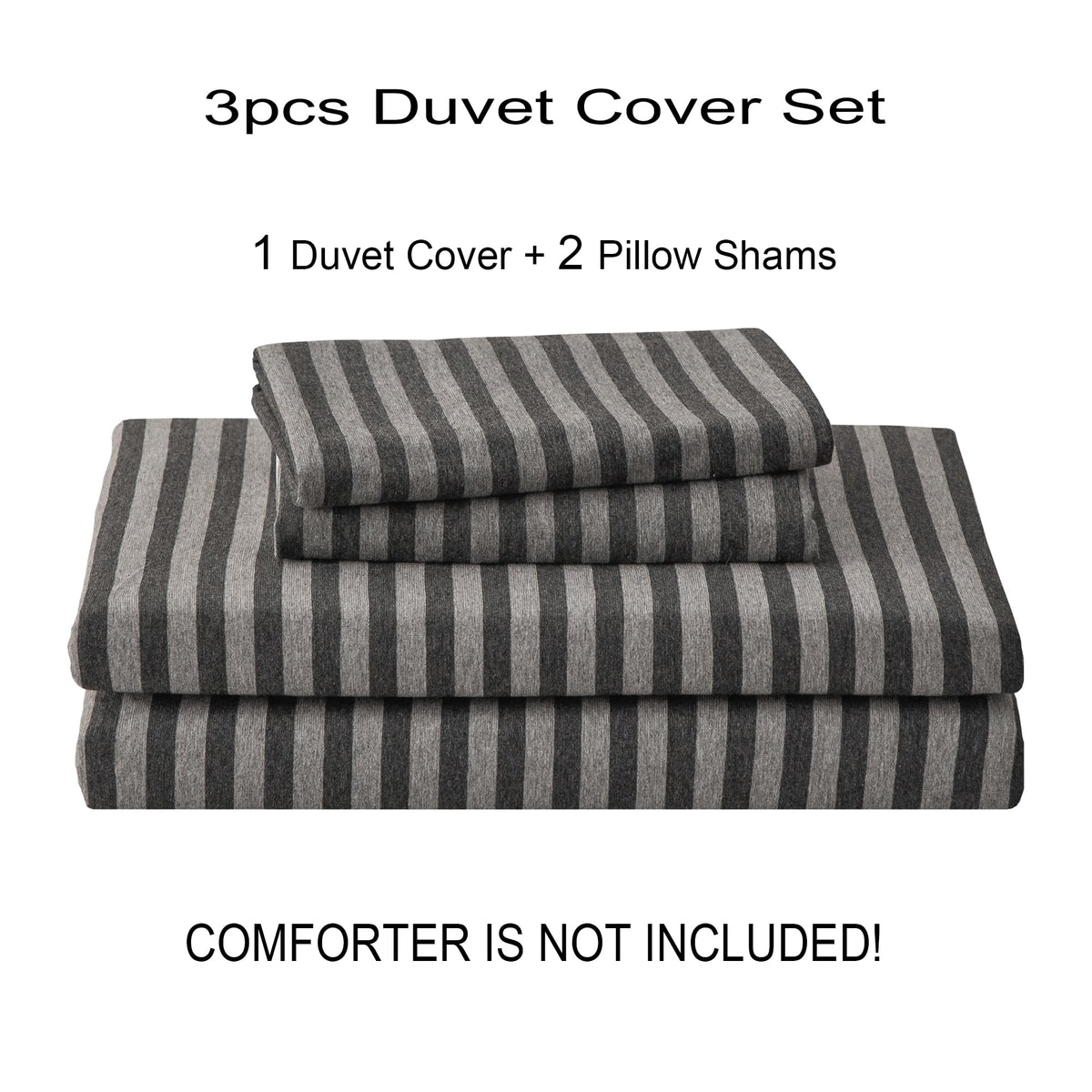 PURE ERA Jersey Knit Duvet Cover Set 100% T-Shirt Heather Cotton Super Soft Comfy Classic Striped Design, with Zipper Closure, Charcoal Dark Grey Stripe, King