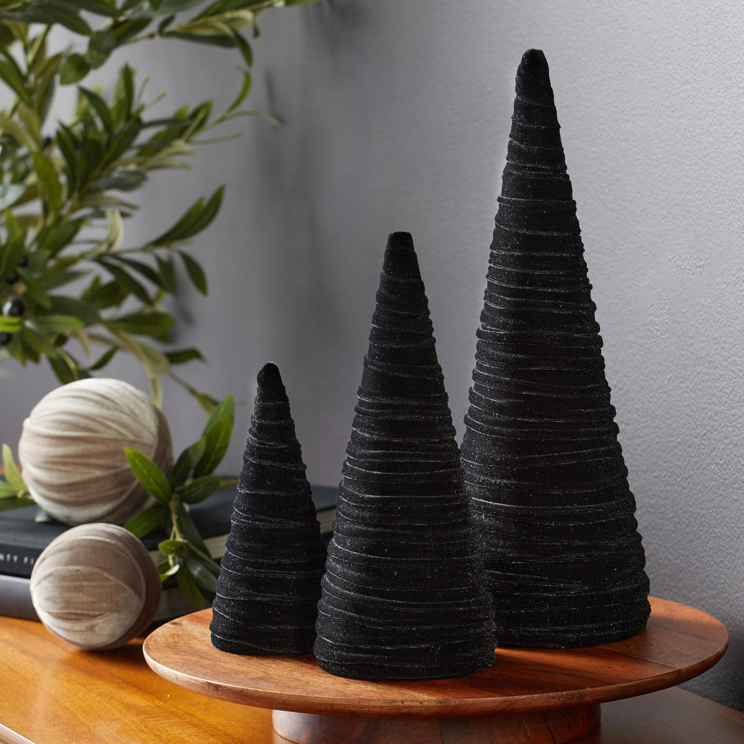 Your Heart's Content Black Velvet Trees Set of 3, Handcrafted Mantel Decor, Christmas Tree Tablescape, Holiday Table Centerpiece, Minimalist Shelf Sitter, Elegant Gift for (Black)