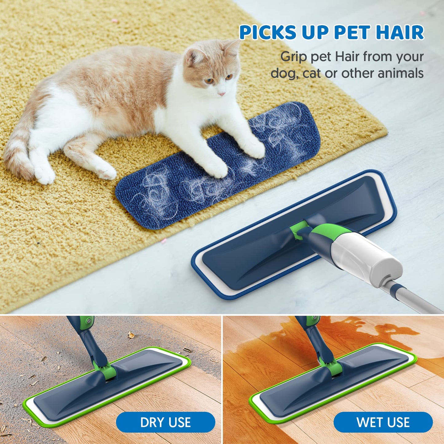 Spray Mops Microfiber Floor for Cleaning -MEXERRIS Wet Dust Mop with 2 Refillable Bottle and 5 Pads Hardwood Laminate Vinyl Ceramic Floors Cleaning, Green