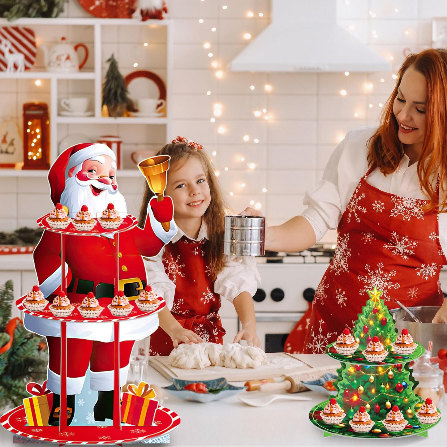 PRATIQUE 2Pcs Christmas Cake Stand Set with Santa & Tree,3-Tier Dessert Display Tower and Santa with Bell Ornament, Rustic Xmas Party Centerpiece for Holiday Cupcakes, Candy, Hot Cocoa Bar Decor