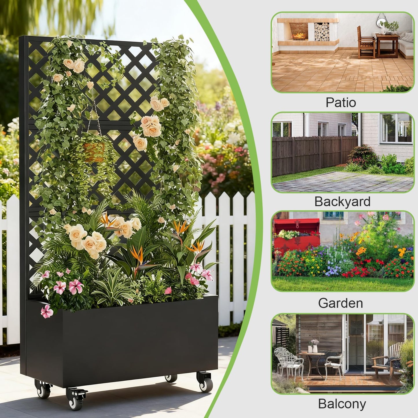 Luzfuego 72" Metal Planter Box with Trellis, Tall Outdoor Planter Box, Raised Garden Bed on Wheels for Climbing Plants, Outdoor Flower Planter with Drainage & Lockable Casters