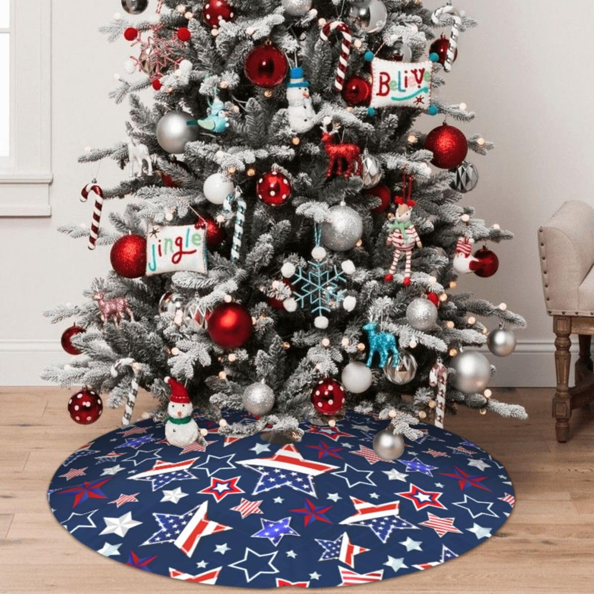 Patriotics Stars and Stripes Veterans Day 4th of July Memorial Day Christmas Tree Skirt - Plush Polyester Mat Resistant with 3 Red Ties for Xmas, Halloween Decorations, Party Decor 36"