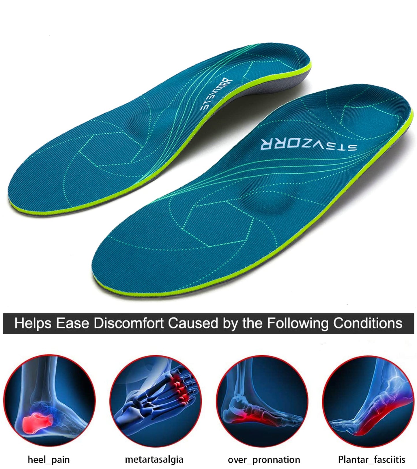 Plantar Fasciitis Arch Support Orthopedic Insoles Relieve Flat Feet Heel Pain Shock Absorption Comfortable Inserts(Size:UK-6,Length:9.87",Green)